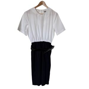 Kathy‎ J Dress Womens 8 White Black Vintage 80s Colorblock Belted Midi Sheath